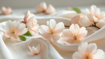 Soft floral fabric with gentle peach blossoms on cream backgroundSoft floral fabric with gentle peach blossoms on cream background. photo