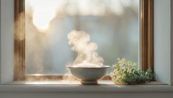 Steaming bowl on windowsill brings warmth and tranquility in cozy serene setting. photo