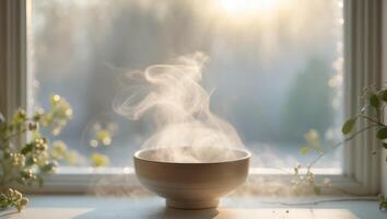 Steaming bowl on windowsill brings warmth and tranquility in cozy serene setting.Steaming bowl on windowsill brings warmth and tranquility in cozy serene setting. photo
