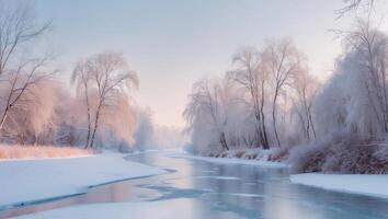 Tranquil Winter Landscape with Frozen River and Bare Trees in Soft Pastel Colors.Tranquil Winter Landscape with Frozen River and Bare Trees in Soft Pastel Colors. photo