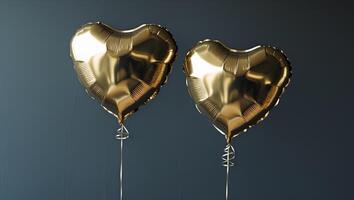 Two Shiny Gold Heart Balloons on a Dark Background for Celebration.Two Shiny Gold Heart Balloons on a Dark Background for Celebration. photo