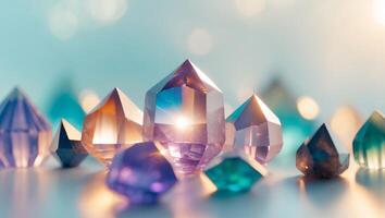 Vibrant crystal gemstones intertwined with light creating a serene atmosphere for healing rituals and mindfulness meditation practices. photo