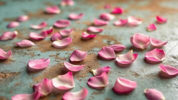 Vibrant pink rose petals scattered on rustic surface.Vibrant pink rose petals scattered on rustic surface. photo