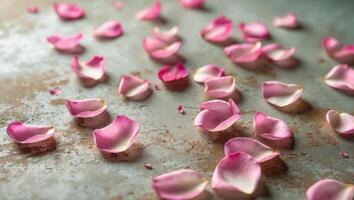 Vibrant pink rose petals scattered on rustic surface. photo