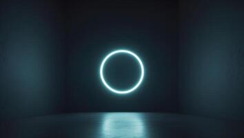 Abstract Futuristic Neon Circle Glowing in Dark Space with Reflective Surface photo