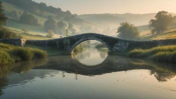 Ancient stone arch bridge over tranquil stream in rural landscape setting photo