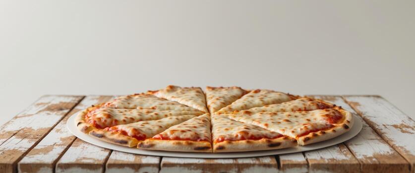 Array of sliced cheese pizza on rustic wooden tableArray of sliced cheese pizza on rustic wooden table. photo