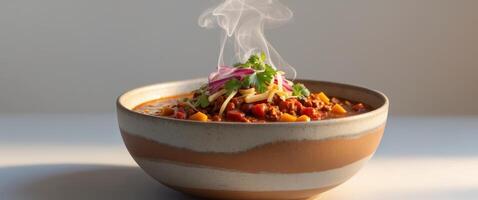 Delicious Homemade Chili with Toppings in a Deep Ceramic Bowl photo