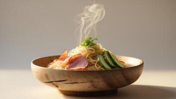Delicious Noodles with Ham and Cucumber in Wooden BowlDelicious Noodles with Ham and Cucumber in Wooden Bowl. photo
