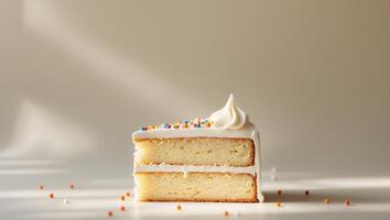 Delicious Slice of Vanilla Butter Cake with White Frosting and Sprinkles photo
