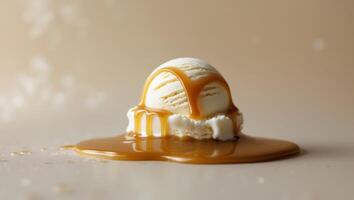 Delicious Scoop of Melting Caramel Ice Cream Dripping on a Soft Beige Background photo