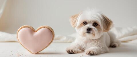Dog treats in the shape of a heart and a small dog next to copy spaceDog treats in the shape of a heart and a small dog next to copy space. photo