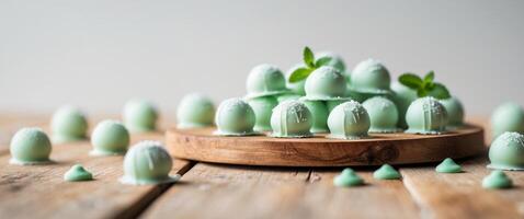 dessert display mint chocolate truffles displayed on a wooden table offering room for custom decoration or text photo