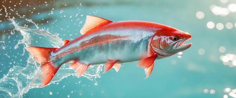 Dynamic salmon leaping in sparkling water with vibrant energy and motion photo