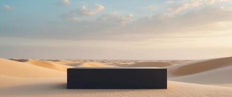 empty black podium on desert dunes background mockup design and product presentation concept landscape view for poster banner card template photo