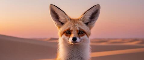 Fennec fox in desert at sunset with prominent ears photo