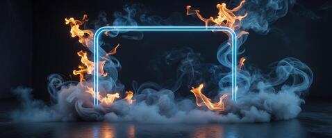 Fiery Neon Frame Surrounded by Smoke and Flames in Dramatic Lighting photo