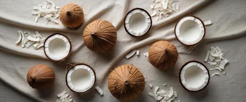 Flat lay of fresh coconuts and shredded coconut on a textured fabric backdropFlat lay of fresh coconuts and shredded coconut on a textured fabric backdrop. photo