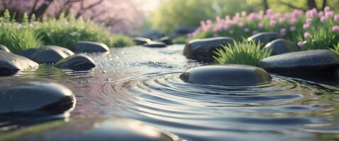 Flowing Water Over Smooth Black Rocks in Tranquil Spring Scene photo