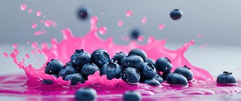 Fresh Blueberries Splashing in Vibrant Pink Liquid Action Shot photo