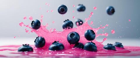 Fresh Blueberries Splashing in Vibrant Pink Liquid Action ShotFresh Blueberries Splashing in Vibrant Pink Liquid Action Shot. photo