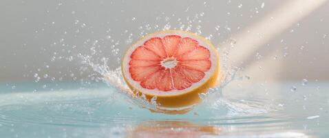 Fresh Grapefruit Slice Splashing into Clear Water with BubblesFresh Grapefruit Slice Splashing into Clear Water with Bubbles. photo