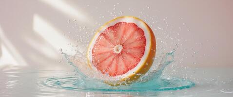 Fresh Grapefruit Slice Splashing into Clear Water with Bubbles photo