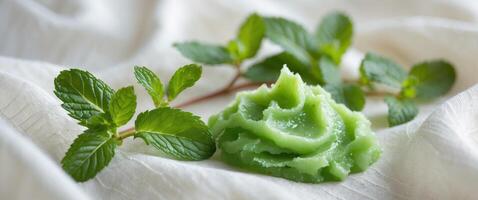 Fresh mint leaves and green herbal scrub arranged on a soft fabric background photo