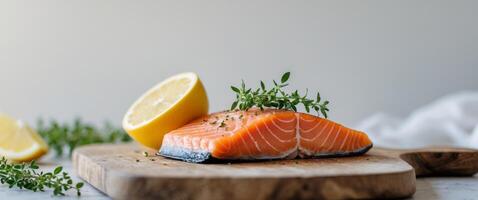 Fresh Salmon Fillet on Wooden Cutting Board with Lemon and Thyme GarnishFresh Salmon Fillet on Wooden Cutting Board with Lemon and Thyme Garnish. photo
