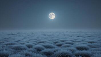 Frosty grass under bright full moon at night with copy space photo