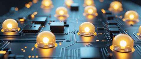 Glowing light bulbs on a circuit board representing innovation and technology photo