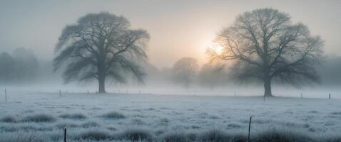 Misty rural landscape with frosty fields and bare trees on a foggy morning photo