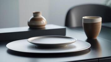Modern workspace with a tablet on an elegant plate and a coffee cup for a stylish digital lifestyle concept photo