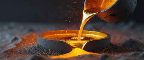 Molten Gold Poured into Iron Sand Cast with Orange Glow photo