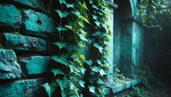Mysterious Teal Stone Wall with Ivy Dark Textured Background photo