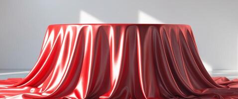 A red tablecloth draped over a round table photo