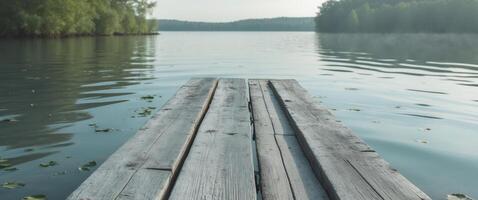 A wooden dock in the middle of a lake photo