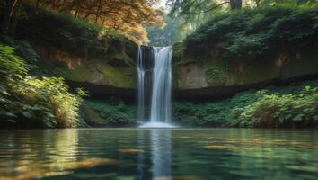 Serene Waterfall Scene with Lush Foliage and Tranquil PoolSerene Waterfall Scene with Lush Foliage and Tranquil Pool. photo