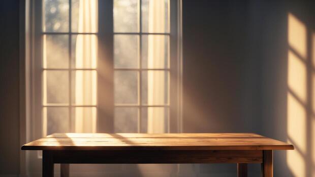 An empty table in front of a window photo