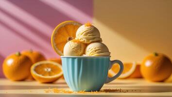 Tangerine ice cream sorbet in a cup with fresh oranges on colorful background ideal for dessert and summer treat marketing photo