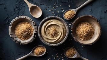 Tahini paste and sesame seeds arranged on a dark textured background in wooden bowls and spoonsTahini paste and sesame seeds arranged on a dark textured background in wooden bowls and spoons. photo