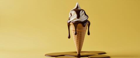 Vanilla Ice Cream Cone with Chocolate Sauce on Yellow BackgroundVanilla Ice Cream Cone with Chocolate Sauce on Yellow Background. photo