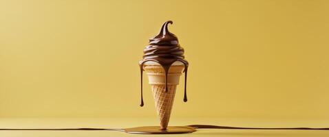 An ice cream cone with chocolate drips on a yellow background photo