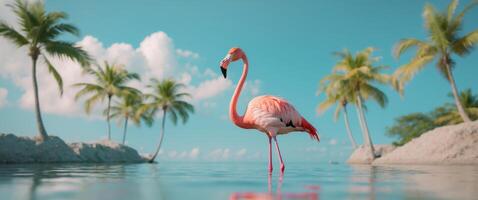 Vibrant flamingo by tropical lagoon with palm trees in serene setting photo