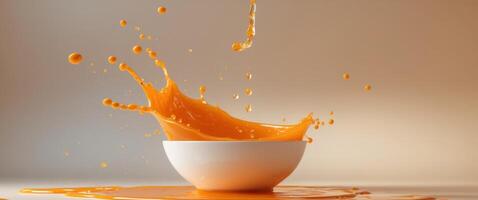 Vibrant Orange Liquid Splashing in a Bowl with Warm BackgroundVibrant Orange Liquid Splashing in a Bowl with Warm Background. photo