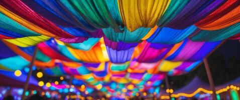 Vibrant multicolored fabric canopy with illuminated pathway at festive venue photo