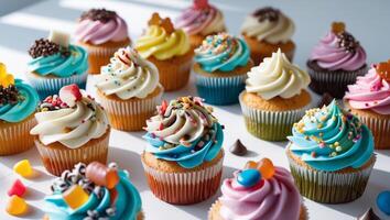 A bunch of colorful cupcakes decorated with frosting and various candies photo