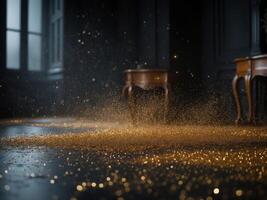 Glittering gold dust scattered across a darkened roomGlittering gold dust scattered across a darkened room. photo