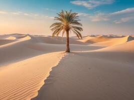 Solitary Palm Tree Standing Tall in Vast Desert Oasis with Rippling Sand Dunes photo