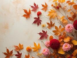 Autumnal harmony Gorgeous blend of falling leaves and vibrant blooms displaying quintessential fall colors photo